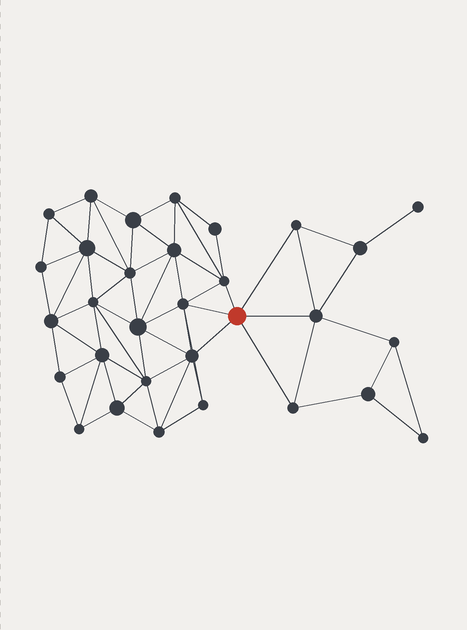 Abstract illustration: a grid of dark nodes, dense on the left and sparse on the right, with one red node joined to several others by thin lines.